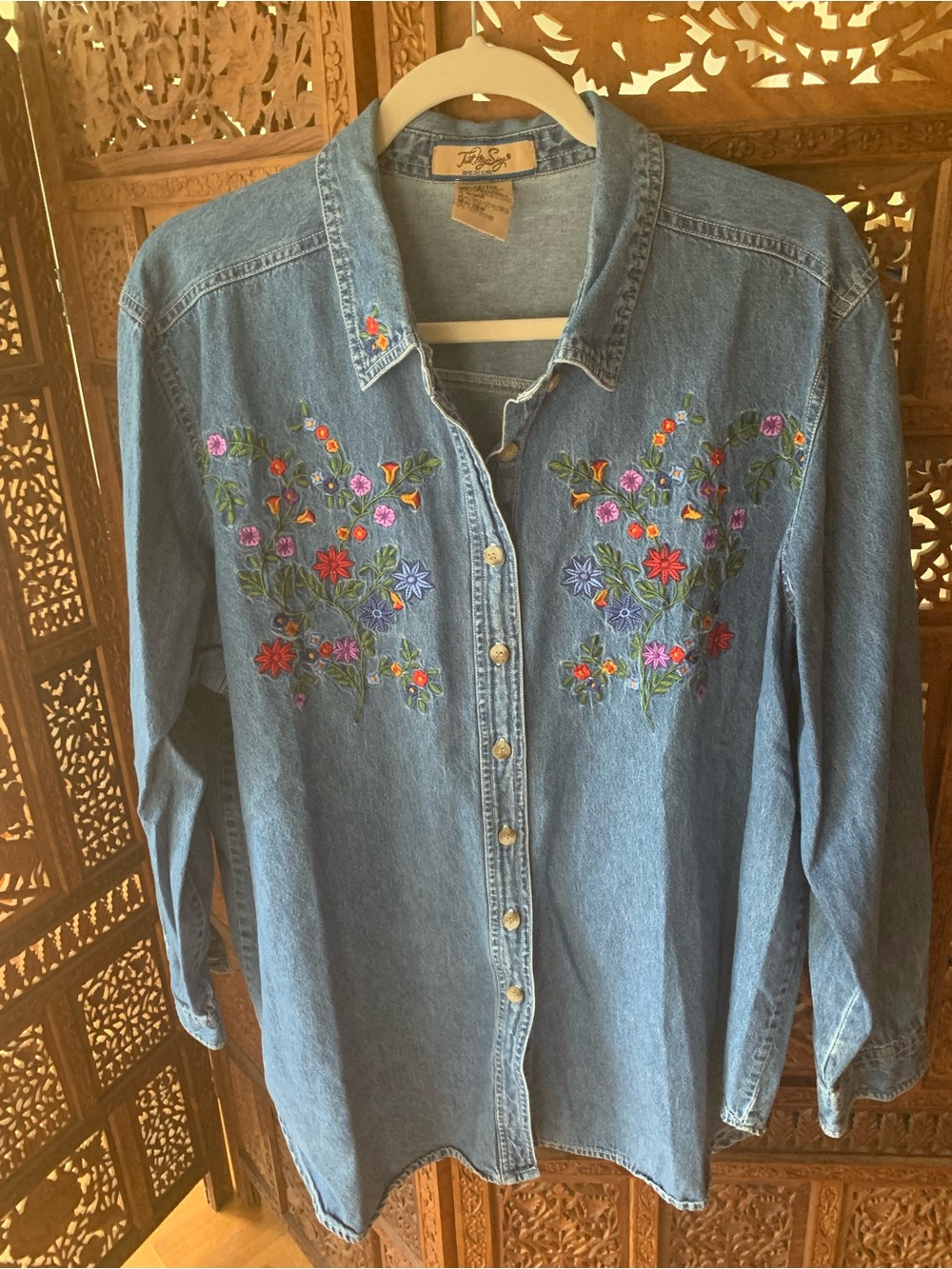Just My Size Light Blue Denim Shirt with Floral Embroidery - Picture 2 of 4